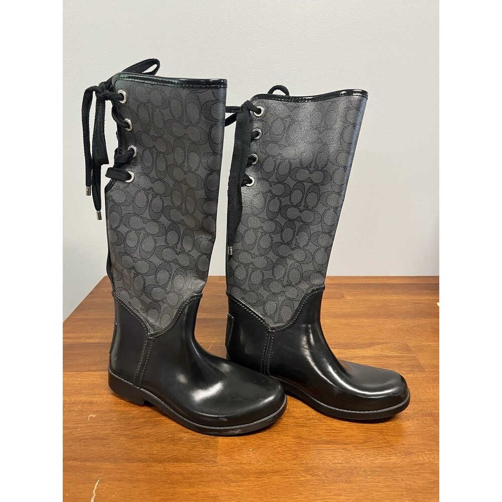 Coach Women's Knee High Rain Boot Black Gray Lace Up Logo Rubber Boots 7 - READ
